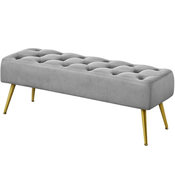 LEIYY Modern Ottoman Bench Velvet Bench Upholstered Footrest with Gold Metal Legs and Padded Seat   Gray