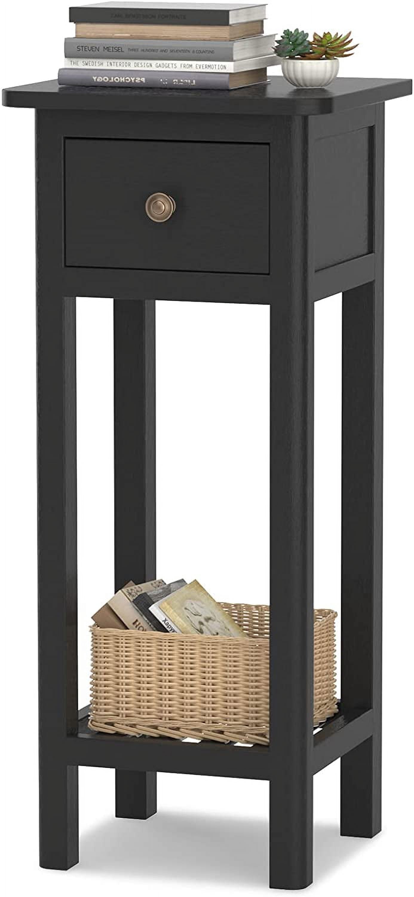 Narrow Acacia Wood Side Table With Drawer & Shelf – 14x12x31.5 Inches, No Assembly Required, White Finish