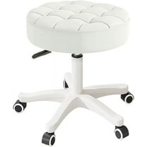 LEIYY Small Chair Round Rolling Stool with Wheels PU Leather Height Adjustable Swivel Drafting Work SPA Salon Stools Home Office Chair,1Pack White