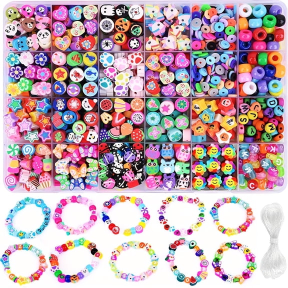 LEJHVAQK 1000 Pcs 24-Grid Polymer Clay Beads Kit, Assorted Seasonal Charms and Heishi Beads with Elastic String, DIY Jewelry Making Set for Friendship Bracelets and Social Gifts