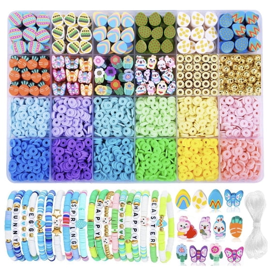 LEJHVAQK 1000 Pcs 24-Grid Polymer Clay Beads Kit, Assorted Seasonal Charms and Heishi Beads with Elastic String, DIY Jewelry Making Set for Friendship Bracelets and Social Gifts