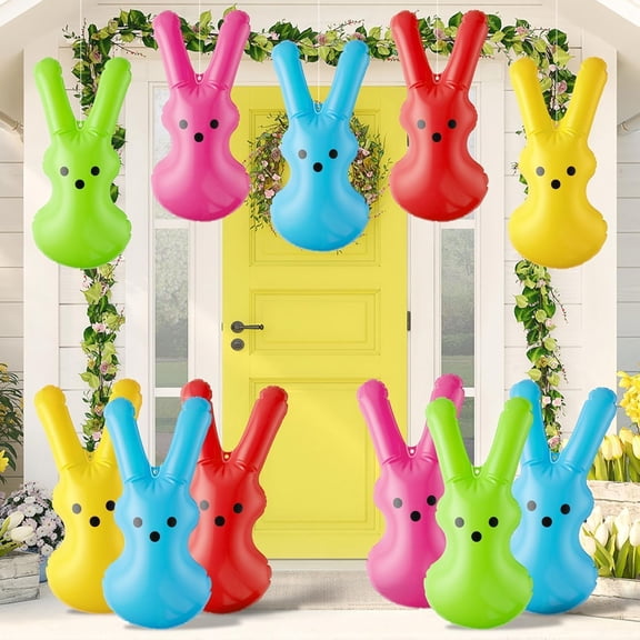 LEJHVAQK 15 Pcs Easter Inflatable Bunny Peeps Decoration - Multi-Color Blow Up Rabbit Hanging Ornaments with Hooks - 13.8" Large Inflatable Bunnies for Easter Party Outdoor Yard Garden Decor