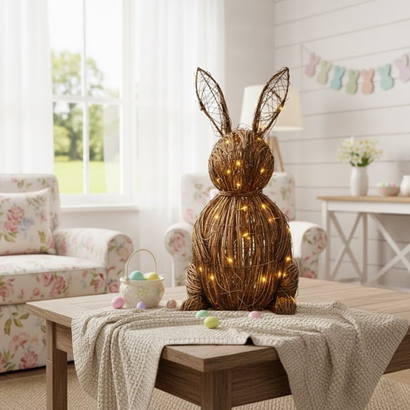 LEJHVAQK 20" Easter Bunny Decor - LED Artificial Rattan Rabbit Statue with Warm LED Lights - Rustic Woven Wicker Topiary for Spring Front Porch, Mantel & Tabletop