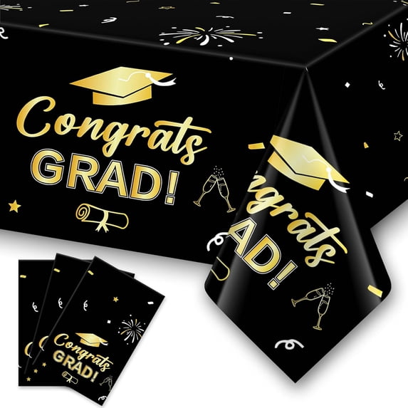 LEJHVAQK 2026 Graduation Tablecloth 3-Pack Black and Gold Waterproof ...