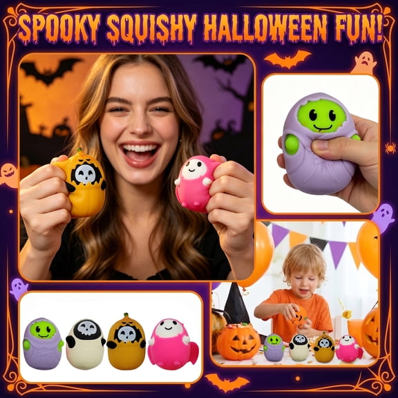 LEJHVAQK 4-Pack Halloween Ghost Squishy Toys - Mini Squeeze for Anxiety Relief, Stress Relief & Party Favors