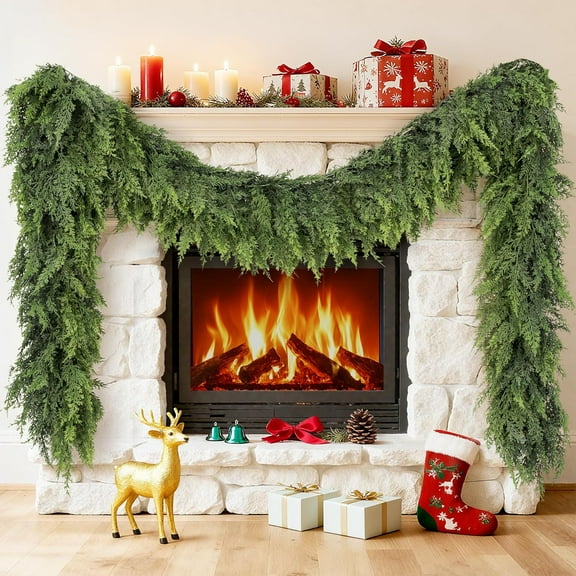 LEJHVAQK 6FT Cedar & Norfolk Pine Garland Christmas Garland Real Touch Garland Artificial Realistic Greenery Cypress Pine Garlands for Mantle, Fireplace, Stairs,Table