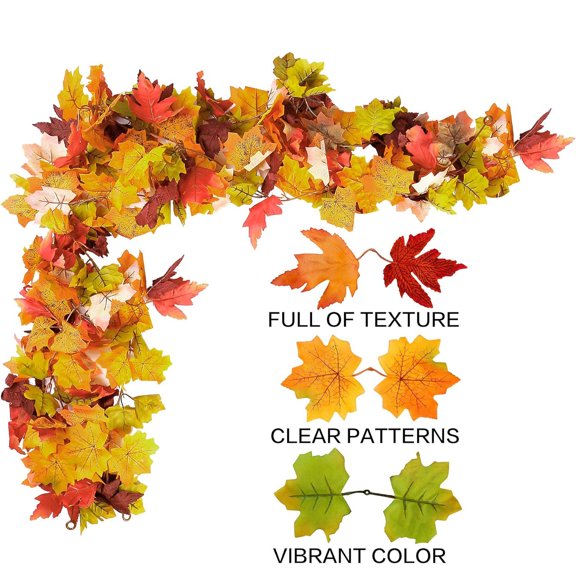 LEJHVAQK 6FT Fall Leaves Garland, Artificial Maple Leaf Autumn Garland Hanging Fall Decorations Front Door Fall Decor Fireplace Decoration Thanksgiving Decorations