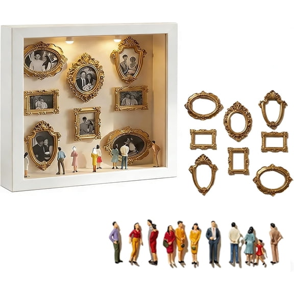LEJHVAQK Aesthetic Mini Museum Shadow Box - LED Lighted 3D Gallery Display Case - Modern Home Office Decor - Personalized Photo Frame Set with Miniature Museum Figures for Anniversary & Birthday