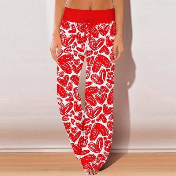 LEJHVAQK Comfortable Heart Print Pjs for Women Valentine's Day Wide Leg Lounge Pants with Adjustable Drawstring Waist Soft Sleepwear Pants