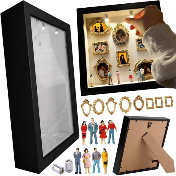 LEJHVAQK DIY Mini Museum Shadow Box with LED Lights - Personalized 3D Gallery Frame Case - Includes 7 Figures & 8 Gold Frames - Unique Anniversary, Valentine's & Long Distance Relationship Gift