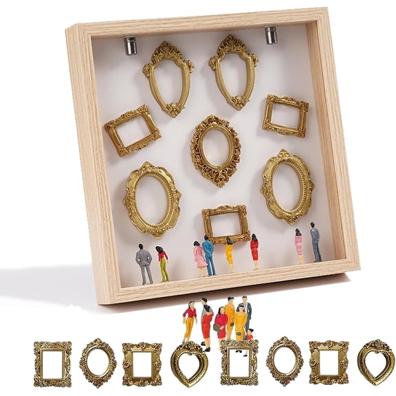 LEJHVAQK DIY Mini Museum Shadow Box with LED Spotlights - Personalized 3D Gallery Frame Set - Includes 7 Figures & 8 Gold Frames - Unique Anniversary, Wedding & Long Distance Relationship Gift