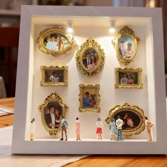 LEJHVAQK DIY Mini Museum Shadow Box with LED Spotlights - Personalized 3D Gallery Frame Set - Includes 7 Figures & 8 Gold Frames - Unique Anniversary, Wedding & Long Distance Relationship Gift