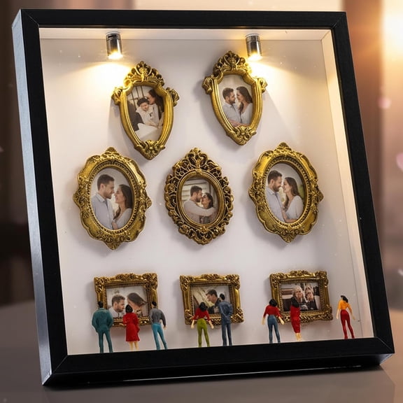LEJHVAQK DIY Mini Museum Shadow Box with LED Spotlights - Personalized 3D Gallery Frame Set - Includes 7 Figures & 8 Gold Frames - Unique Anniversary, Wedding & Long Distance Relationship Gift