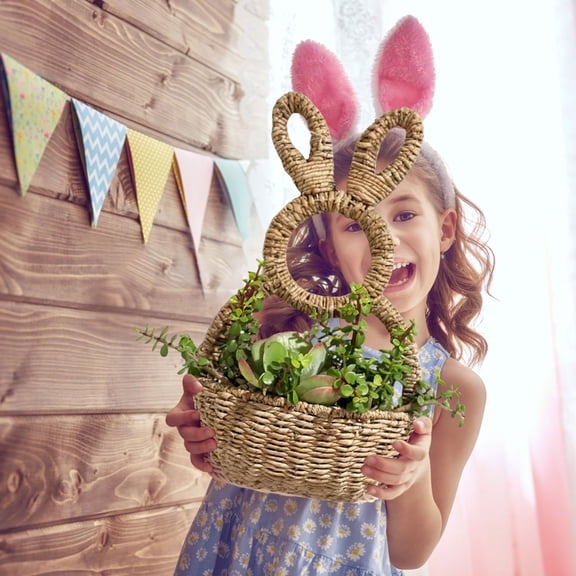 LEJHVAQK Hand-Woven Seagrass Bunny Decor - Decorative Rabbit Hanging Flower Basket - Artisanal Wicker Wall Art for Kitchen, Sunroom & Easter Holiday Display