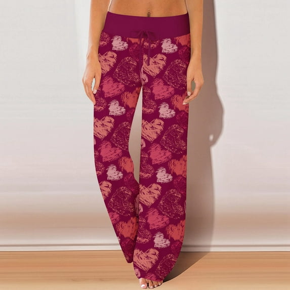 LEJHVAQK Heart Printed Valentine's Day Series Pajama Pants for Women Wide Leg Lounge Pants with Comfort Waist Elastic Drawstring Sleep Pants