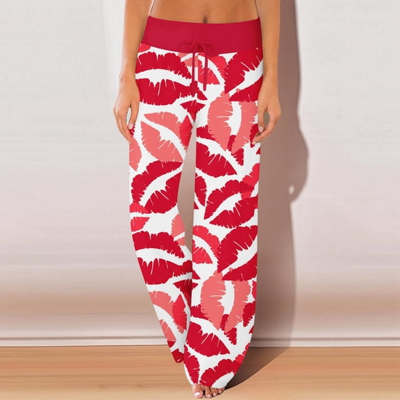LEJHVAQK Soft Heart Printed Sleep Pants for Women Valentine's Day Series Pajama Pants Wide Leg Design Comfort Waist Lounge Pants for Home