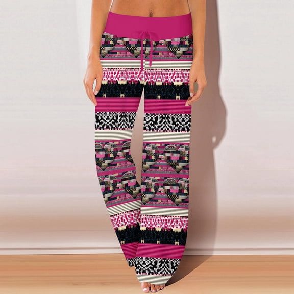 LEJHVAQK Valentine's Day Heart Pattern Pj Pants for Women Wide Leg Lounge Pants with Comfort Waist Drawstring Sleep Pants for Holiday Wear