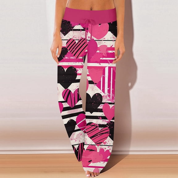 LEJHVAQK Valentine's Day Heart Pattern Pj Pants for Women Wide Leg Lounge Pants with Comfort Waist Drawstring Sleep Pants for Holiday Wear