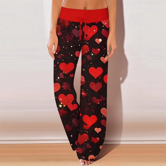 LEJHVAQK Women's Heart Printed Pajama Pants Valentine's Day Wide Leg Lounge Pants with Comfort Elastic Waist Drawstring Soft Breathable Pjs
