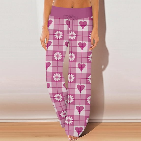 LEJHVAQK Women's Valentine's Day Pajama Pants Heart Printed Pjs Wide Leg Lounge Pants with Adjustable Comfort Waist Drawstring Sleepwear