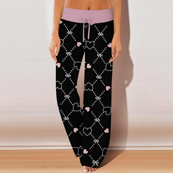 LEJHVAQK Women's Valentine's Day Pajama Pants Heart Printed Pjs Wide Leg Lounge Pants with Adjustable Comfort Waist Drawstring Sleepwear