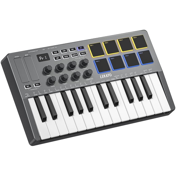 LEKATO 25 Key USB MIDI Keyboard Controller With 8 Backlit Drum Pads Bluetooth Semi Weighted Dynamic Keybed 8 Knobs and Music Production Smart Scales Chords Software Included