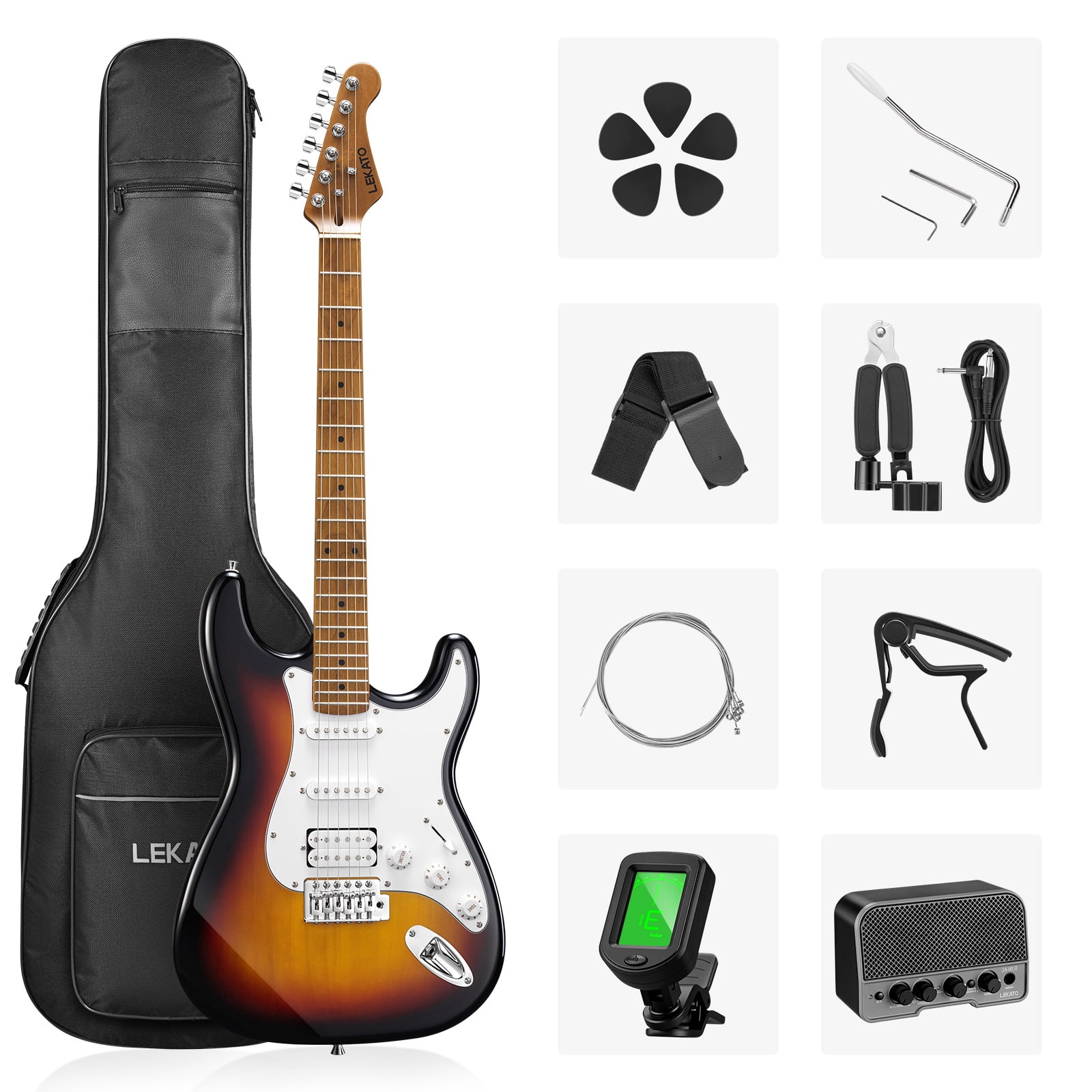 LEKATO 39-inch Electric Guitar Kit for Beginner Roasted Maple Neck & Fingerboard Stainless Steel Rounded Head Frets with Amplifier, Bag, Capo, Strap, String, Tuner, Cable, Picks