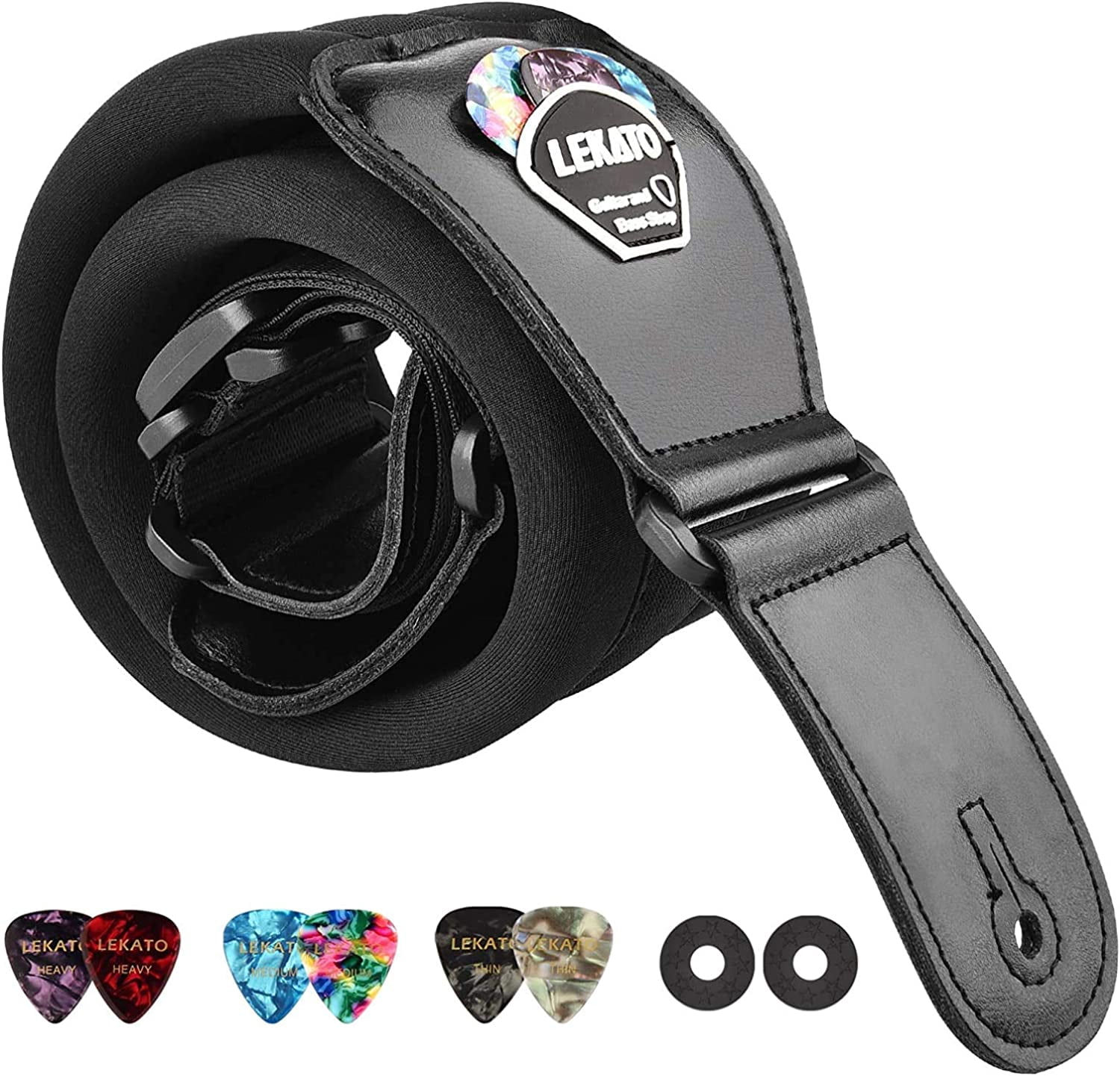 LEKATO Bass Guitar Strap for Electric Guitar & Bass 3" Wide Guitar Straps Padded Bass Guitar Strap Adjustable Length from 38" to 47" Bass Guitar Straps with Pick Holder 2 Safety Strap Locks & 6 Picks