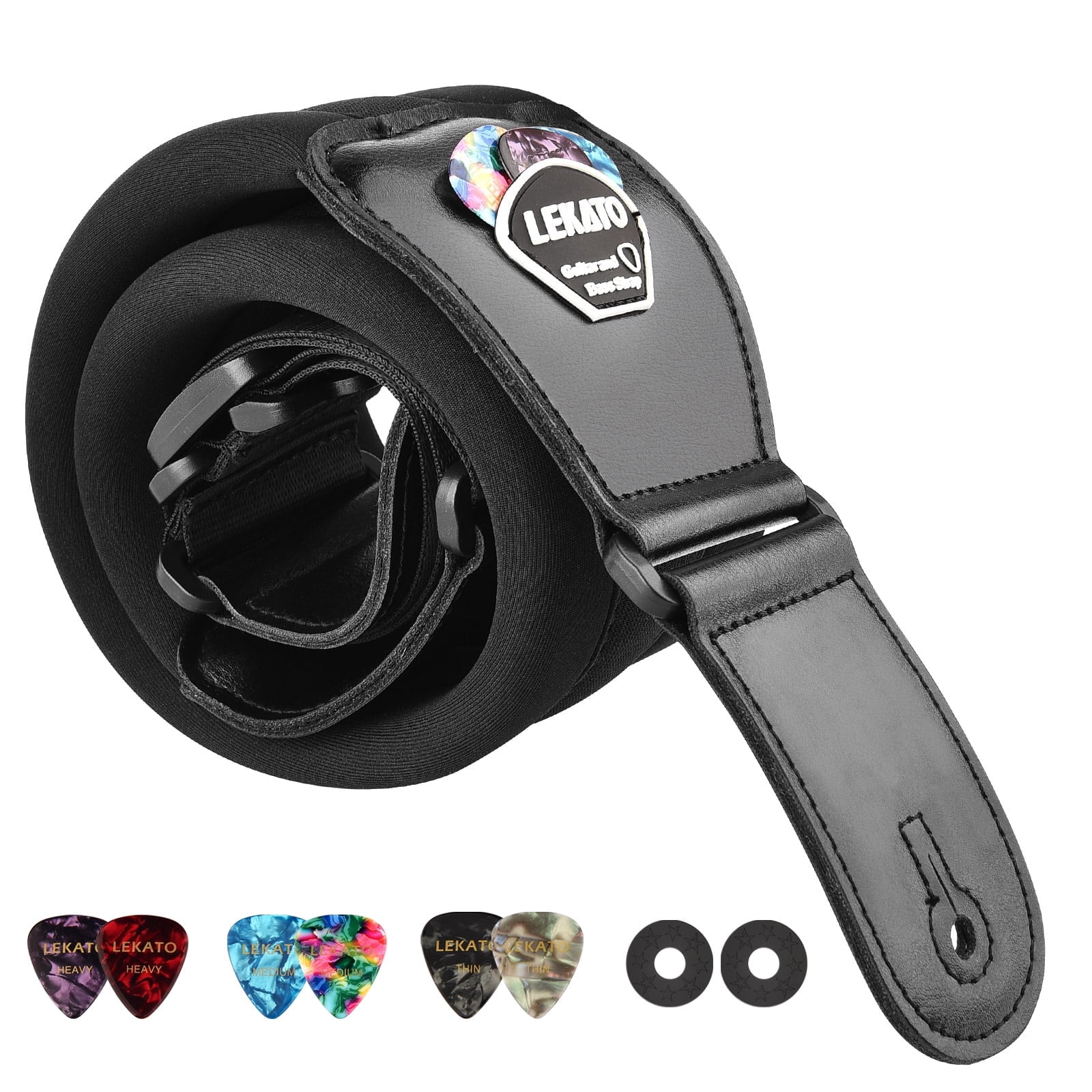 LEKATO Bass Guitar Straps for Electric Guitar & Bass 3" Wide Padded Straps Adjustable Length from 45" to 55" Bass Guitar Strap with Pick Holder 2 Safety Strap Locks & 6 Picks