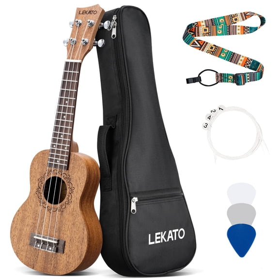 LEKATO Concert Ukulele for Beginners 21 Inch Mahogany Ukelele Bundle with Gig Bag Professional Wooden Hawaiian Uke for Adult Kids Starter Kits with Strap Nylon Strings Picks