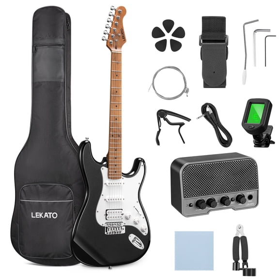 LEKATO Electric Guitar Kit Beginner 39 Inch Full Size Solid Body Guitar HSS for Starter Roasted Maple Neck Fretboard Stainless Steel Frets, 5W Mini Amp, Bag, Tuner, Capo, Strap, String, Picks