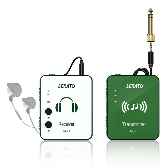 LEKATO Green MS-1 Wireless in-Ear Monitor System 2.4G Stereo Wireless IEM System with Transmitter Beltpack Receiver Automatic Pairing for Studio Band Rehearsal Live Performance