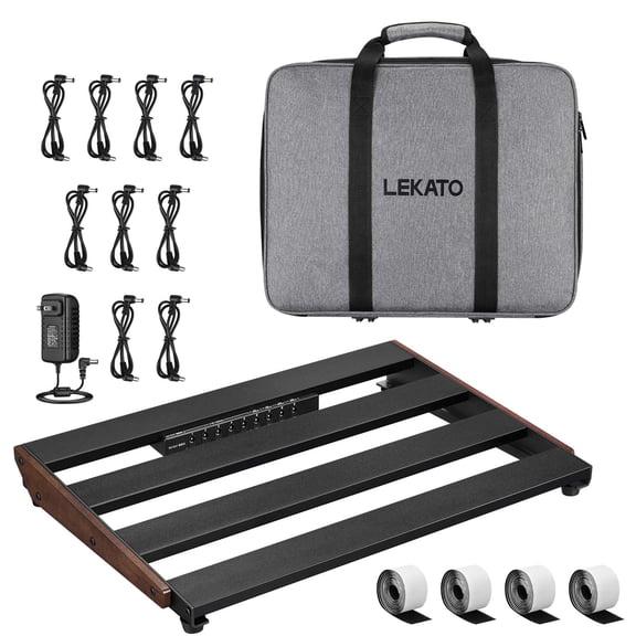 LEKATO Guitar Pedal Board with Built-in Power Supply 15.5x11x2" 2.1LB Aluminium Alloy Powered PedalBoard with Carry Bag Cables Adhesive Hookside Tape