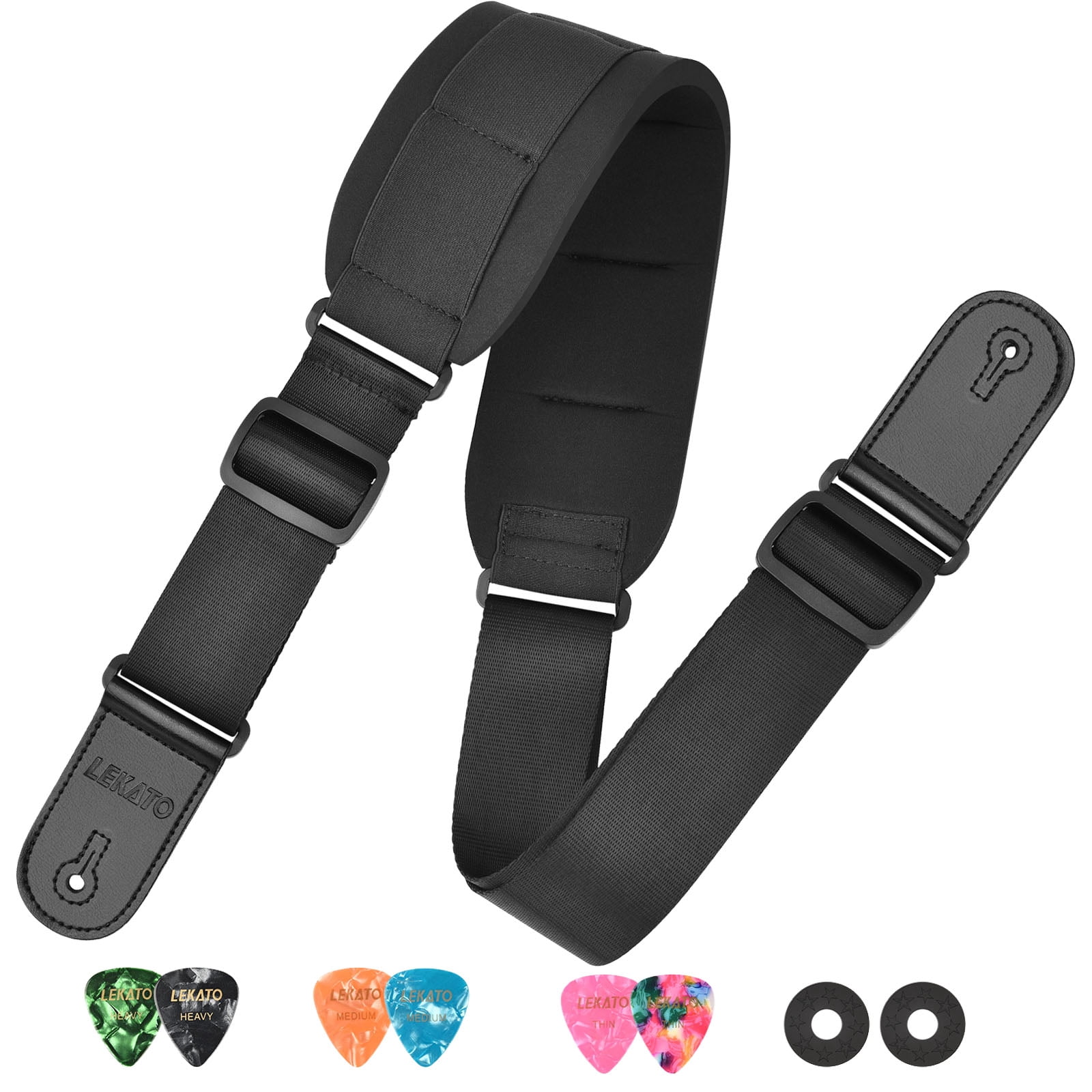 LEKATO Guitar Strap Bass Straps for Electric Guitar with 3.3" Wide Sponge Pad for Effective Decompression Padded Bass Guitar Straps Adjustable Length from 42" to 58" with 2 Safety Locks & 6 Picks