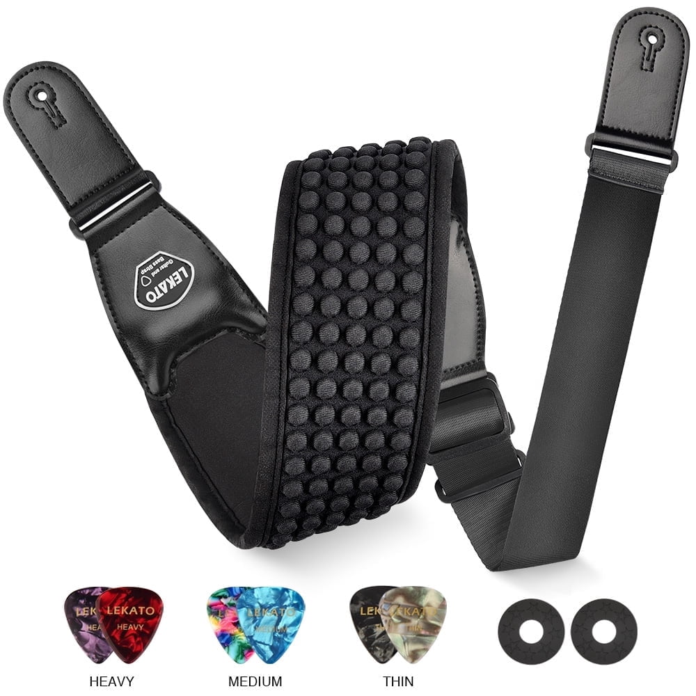 LEKATO Guitar Straps for Electric Bass 3.5" Wide Padded Neoprene Pad with 3D Sponge Filling Adjustable Length from 45" to 55" with Strap Locks Picks