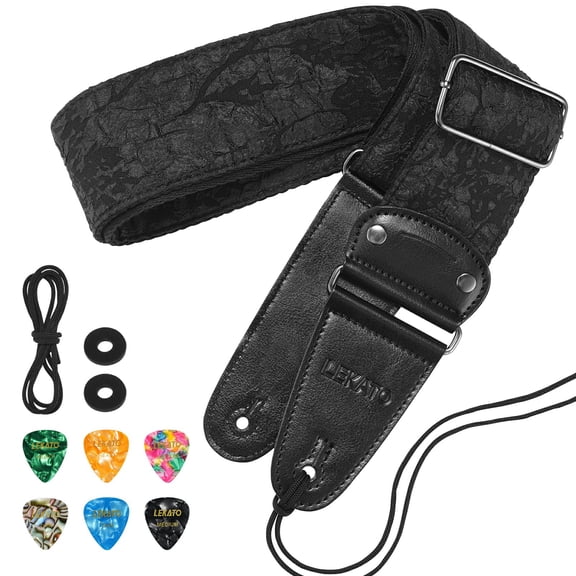 LEKATO LGS-7 Guitar Strap Anaglyph Embossed Floral Pattern Guitar Straps for Electric Bass Acoustic Guitar 2.5 Wide Bass Strap Padded Guitar Straps with Picks & Locks Cable Fixing