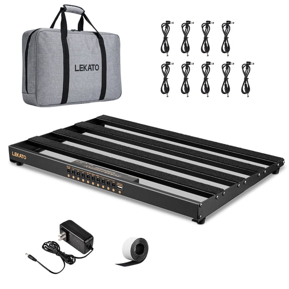 LEKATO Pedalboard, Pedal Board with Built-in Power Supply, 19x12.2x1.8" 2.97LB, Aluminium Alloy Guitar Pedal Board with Carry Bag, Pedal Cables, Adhesive Hookside Tape