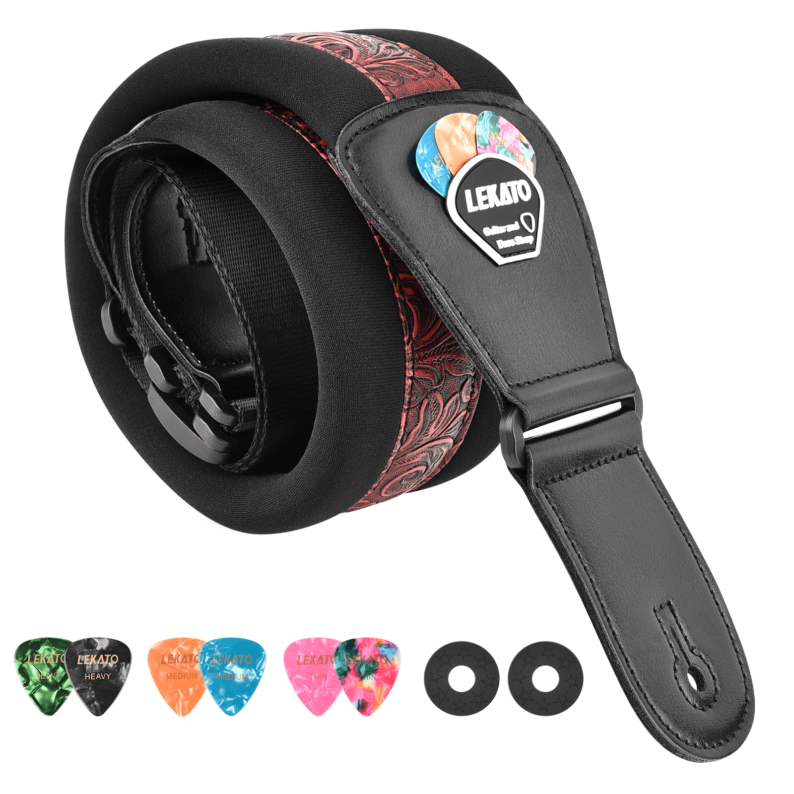 LEKATO Red Bass Guitar Straps for Electric Guitar & Bass 3" Wide Padded Straps Adjustable Length from 45" to 55" Bass Guitar Strap with Pick Holder 2 Safety Strap Locks & 6 Picks