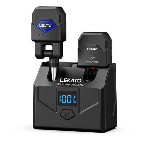 LEKATO WS-200 2.4GHz Wireless Guitar Transmitter & Receiver Set with Charging Case,15 Hours Battery Life, 4 Channels, Rechargeable 1/4" Plug for Guitar, Bass and Electric Instruments