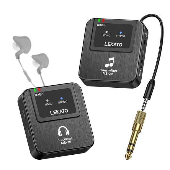 LEKATO Wireless in-Ear Monitor MS-20 2.4G IEM System Low Latency with Beltpack Transmitter Auto-Pairing Receiver OTG Support One to More in-Ear Monitoring for Live Performance Stage Singer Band