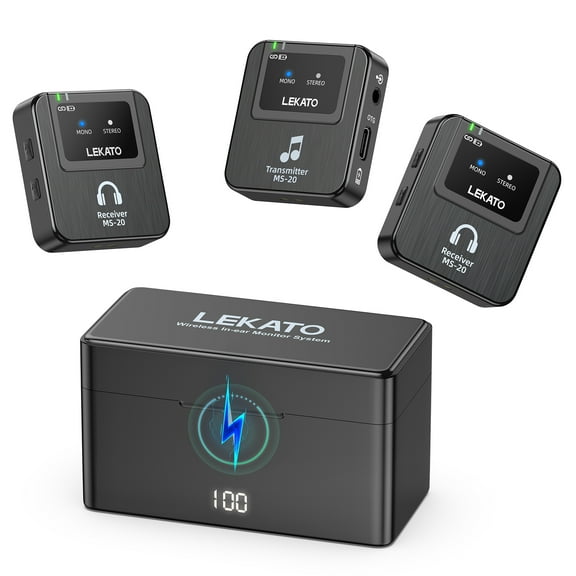 LEKATO Wireless in-Ear Monitor MS-20 Charging 30H Battery Life with Box 2.4G IEM System 1Transmitter 2 Receivers Auto-Pairing OTG Support,One to More in-Ear Monitoring for Studio Live Singer Band