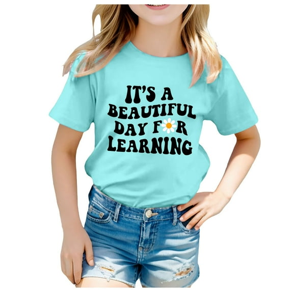LEKDFST Back to School Girls T-Shirts Short Sleeve Graphic Tees Cotton Casual Summer Tops Shirts Mint Green 160