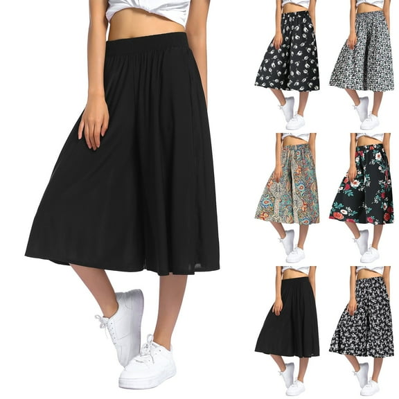 LEKDFST Capris Pants For Women Dressy Printed Elastic Waist Wide Leg High Waisted Knee Length Culottes Womens Trousers Lightweight Pants Black L