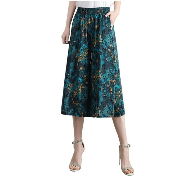 LEKDFST Capris Pants For Women Dressy Printed Elastic Waist Wide Leg High Waisted Knee Length Culottes Womens Trousers Lightweight Pants Green M