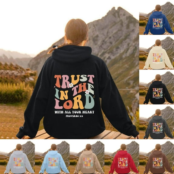 LEKDFST Christian Hoodie Women Trust In The Lord Graphic Sweatshirt for Women bible Verse Religious Hoodie Pullover Tops Dark Blue XXL