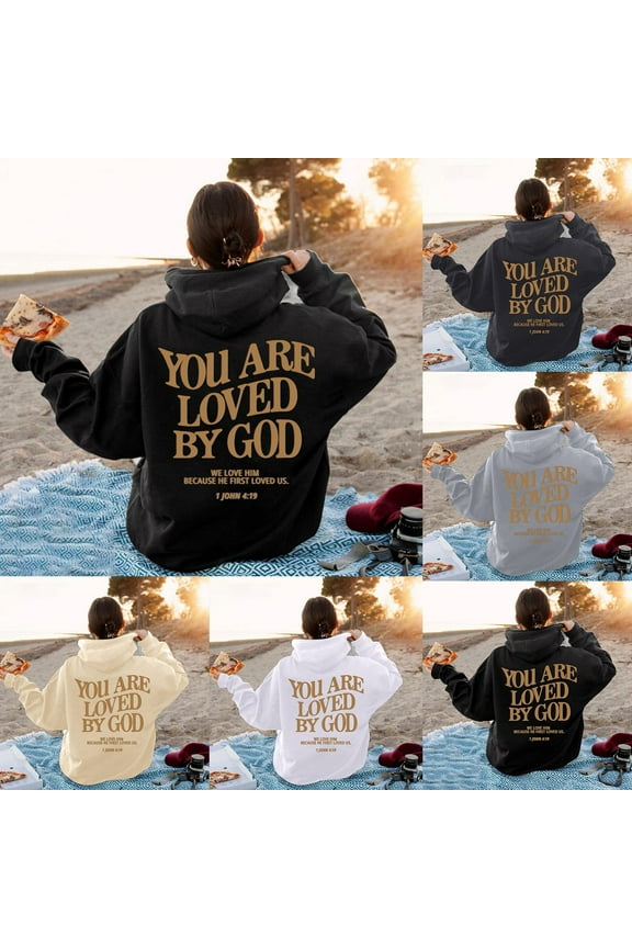 Christian Hoodies for Women Faith Jesus Bible Verse Oversized Sweatshirt You Are Loved By God Inspirational Pullover Tops Black M