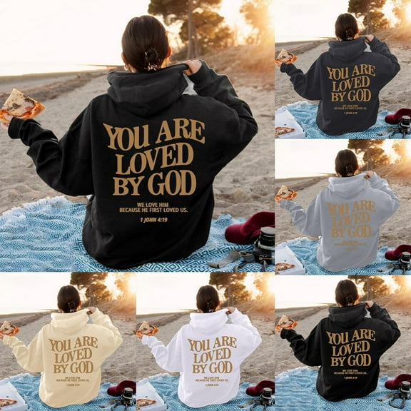 LEKDFST Christian Hoodies for Women Faith Jesus Bible Verse Oversized Sweatshirt You Are Loved By God Inspirational Pullover Tops GY1 L