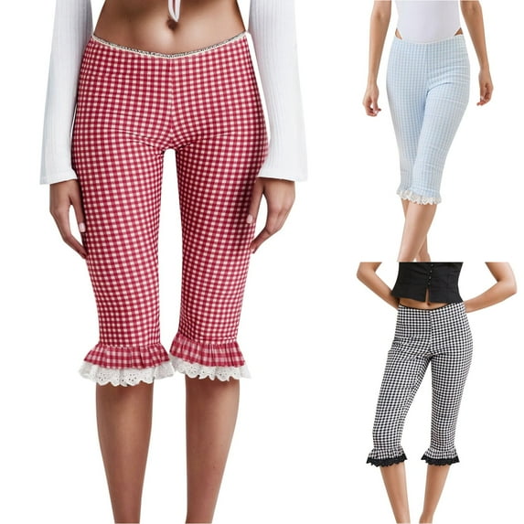 LEKDFST Dress Capri Pants For Women Retro Plaid Capri Pants Tight High Waist Bottom Shorts With Ruffle Womens Trousers Lightweight Pants Red L