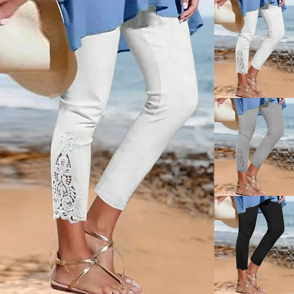 LEKDFST Dress Capri Pants For Women Solid High Waisted Stretchy Lace Leggings Capris Womens Lightweight Pants Black L