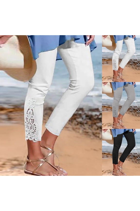 Dress Capri Pants For Women Solid High Waisted Stretchy Lace Leggings Capris Womens Lightweight Pants White L